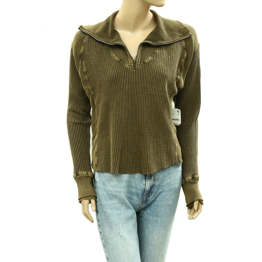 Free People FP One Ashton Zip Thermal Blouses Top Long Sleeve Cotton S 286224